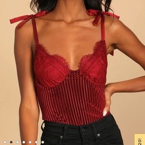 Lulus Romance Ritual Wine Red Velvet Lace Tie-Strap Bustier Bodysuit
